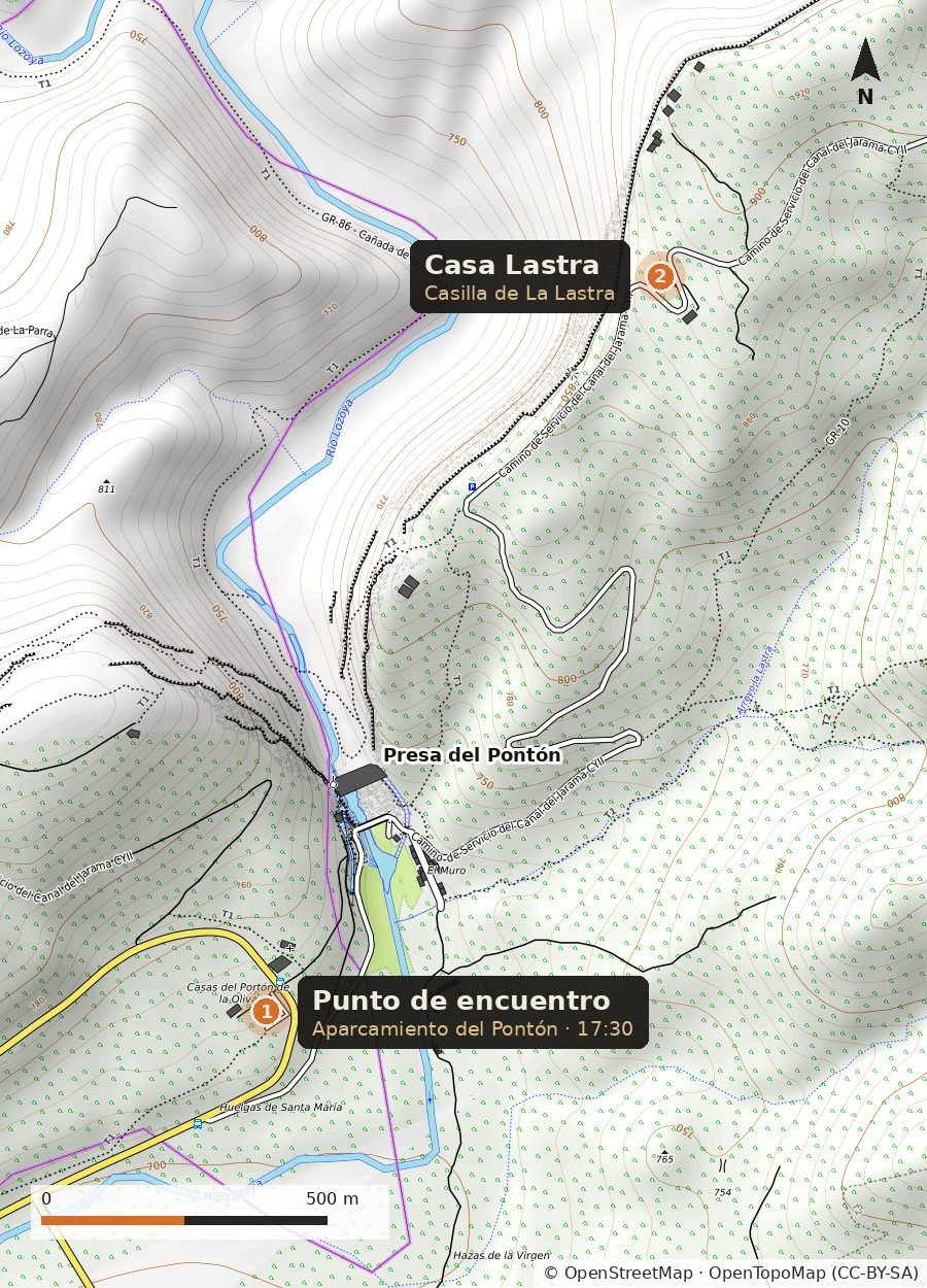Mapa topográfico con el aparcamiento del Pontón de la Oliva (1), la presa y Casa Lastra (2), al noreste, junto al camino de servicio del Canal